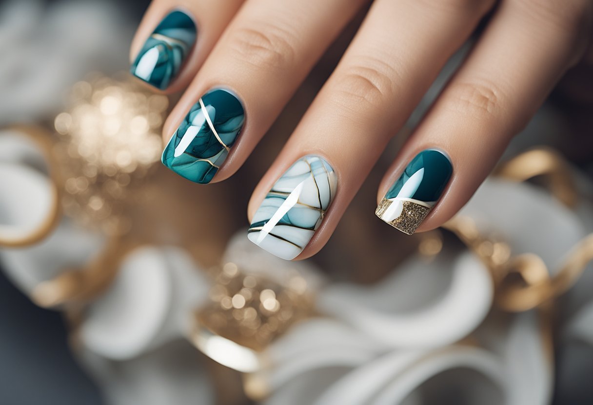 Vibrant nails with swirling marble patterns in various colors and designs, set against a clean, minimalist background