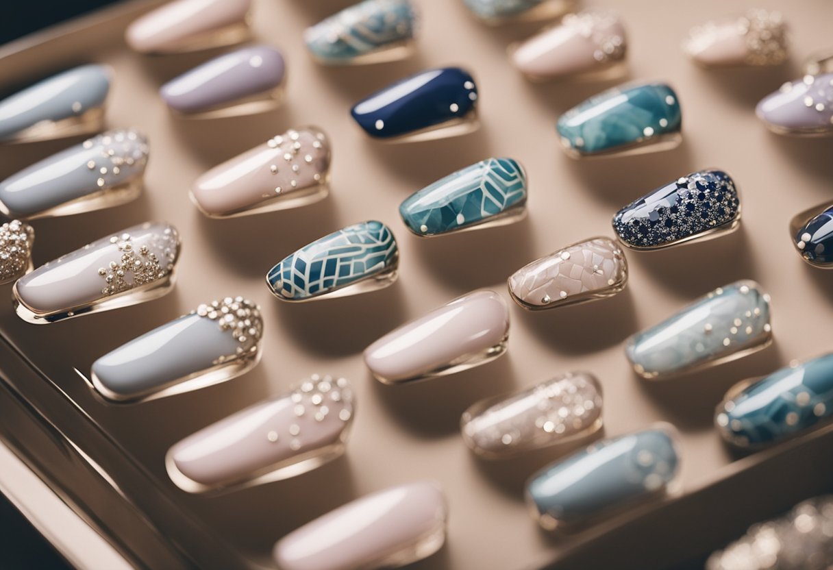 Elegant French 21 nail designs arranged in a stylish display, showcasing intricate patterns and delicate details